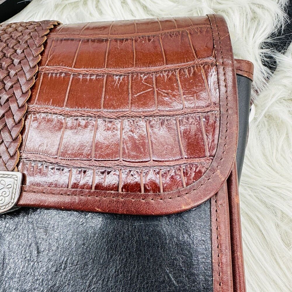 Vintage Brighton Crossbody Flap Organizer Leather Black & Brown Croc Print Purse - Picture 4 of 16